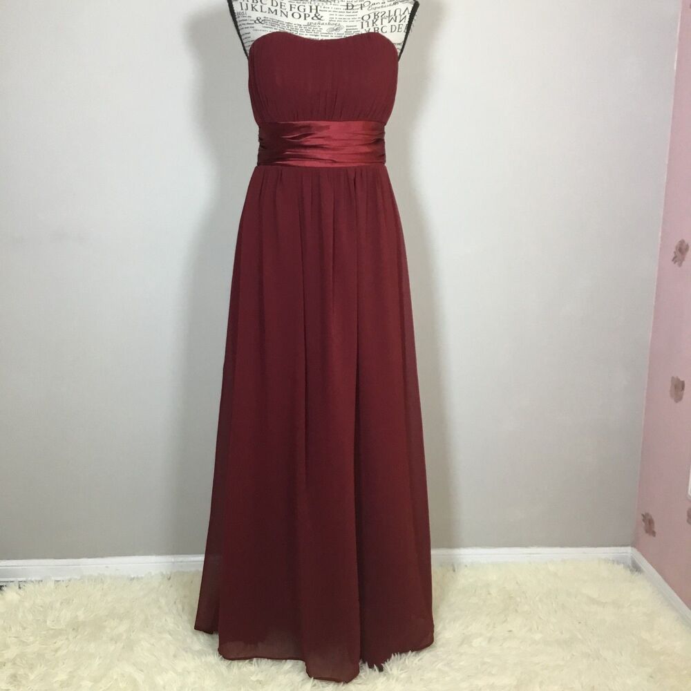 Burgundy red babydoll formal gown satin & sheer strapless light padding size 6